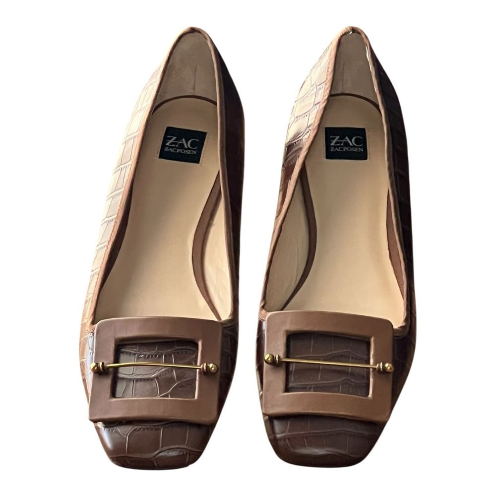 ZAC Zac Posen Brown Croc Embossed Buckle Square Toe Ballet‎ Flats 9M